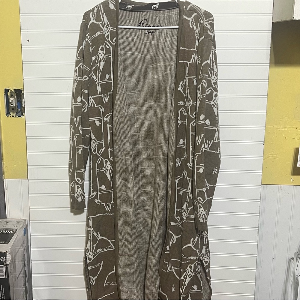 Rönner Long Open Front Taupe/White Knit Horse Duster Cardigan Size Large